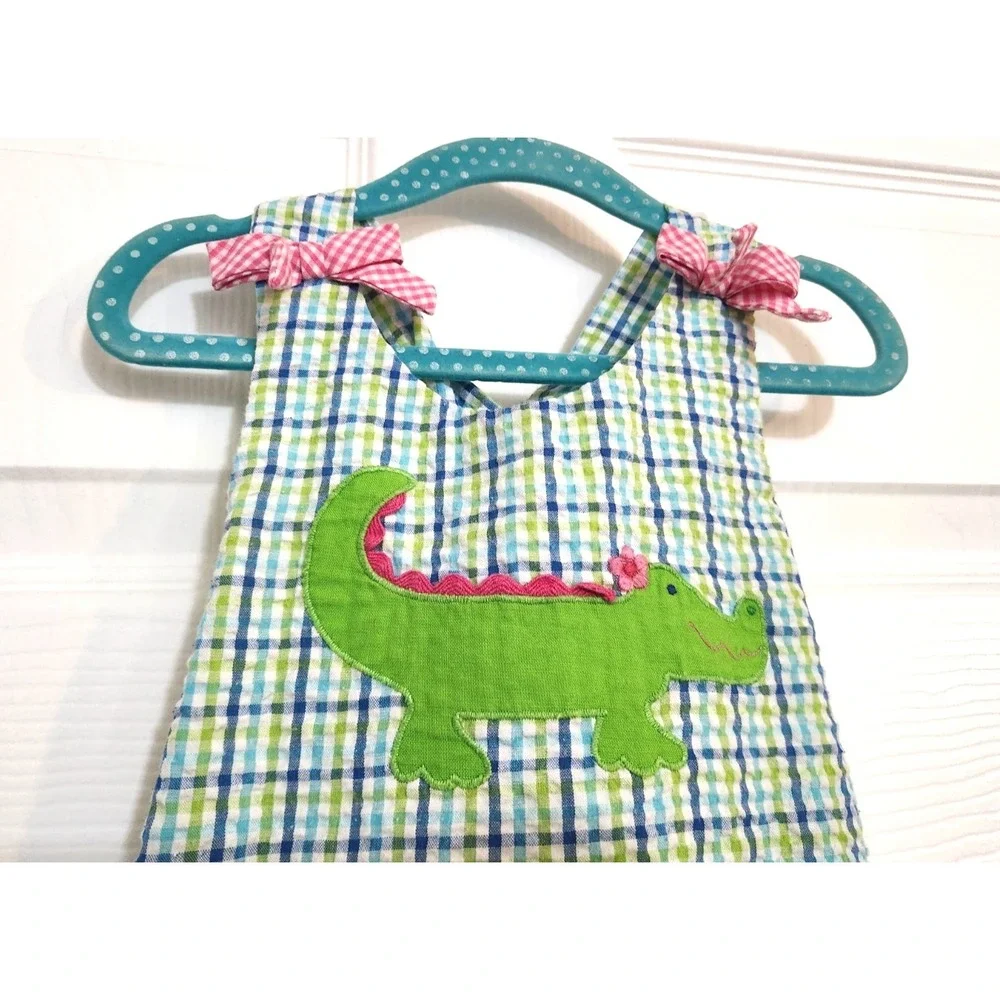 ZU Blue Green White Seersucker Sun Dress w/ Alligator Appliqué 12M Super Cute
